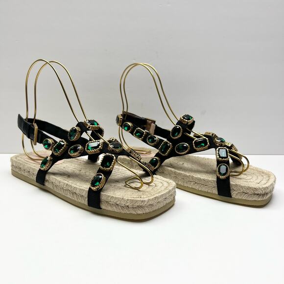GUCCI Emerald Crystal Embellished Espadrilles Sandals EU 40 US 10 Green Black - Picture 2 of 13